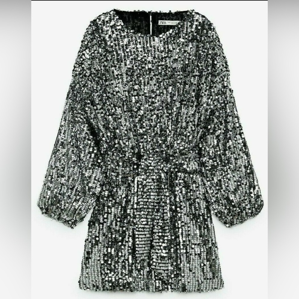 Zara Sequin Dress Appliques Tied Belt Silver Bloggers Small